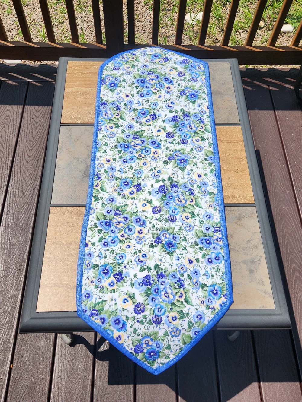 Handcrafted Blue & White Floral Quilted Reversible Table Runner with Pansies